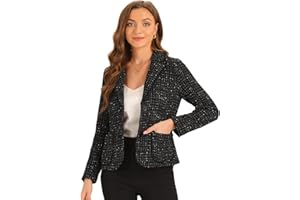 Allegra K Plaid Tweed Jacket for Women's Notch Lapel Button Elegant Long Sleeve Blazer Jackets