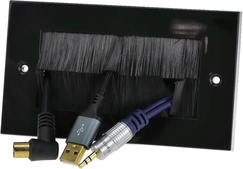 kenable Double Gang Black Brush Faceplate Wall Outlet UK Cable Management