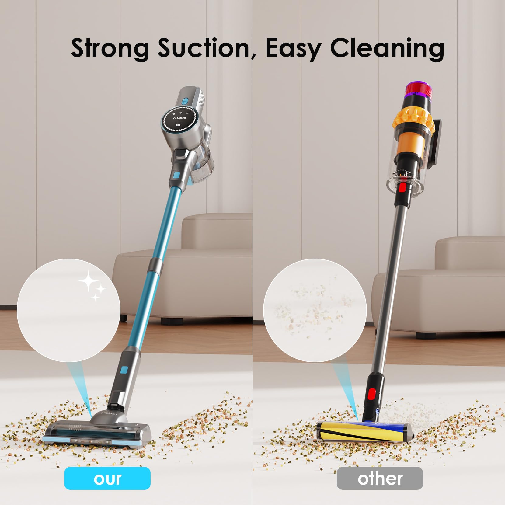 Oraimo Cordless Vacuum Cleaner, 45 Mins Max Runtime, Stick Vacuum 270W/ 24Kpa, LED Display with Battery Indicator, 3 Power Suction, Self-Standing, Anti-entangle Floor Brush (Grey)