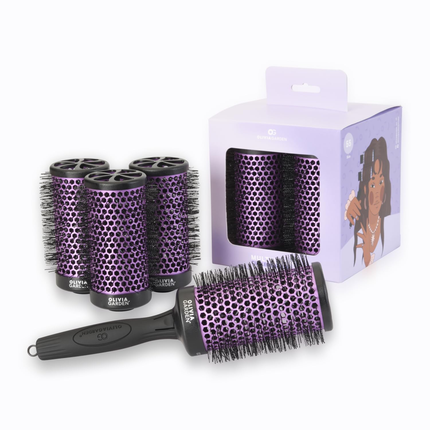 Olivia Garden Multibrush Curlers Kit - Size 55-4 Barrels of the Same Size & 1 Handle - Leave-In Barrels perfect for Curls and Volume