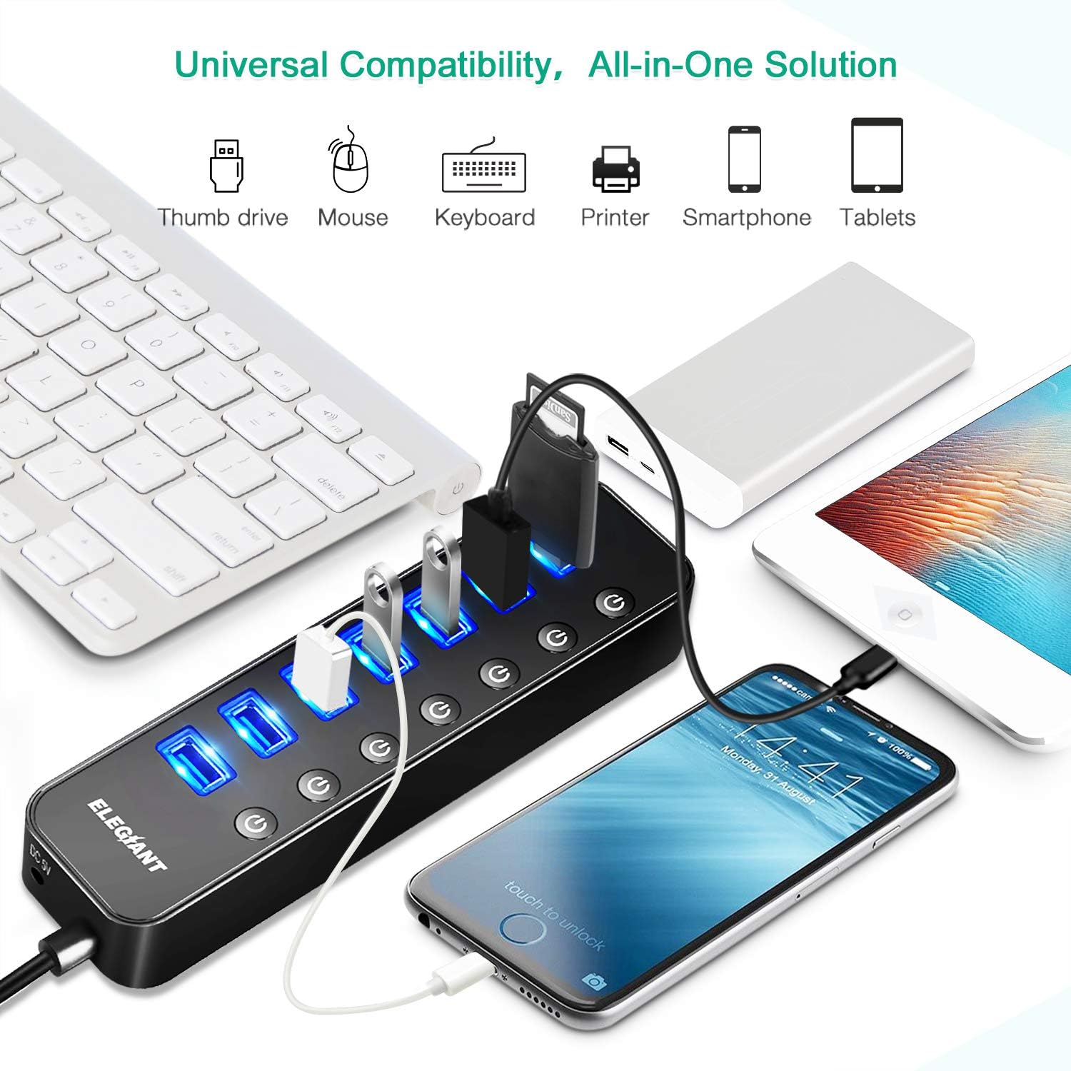 USB Hub 3.0, ELEGIANT 8 Port High Speed USB Hub, 7 Data Transfer Port and a 2.4A Charging Port with Separated Switches and Lights for Computers iPhone iPad MacBook Laptop PC Mobile with Power Adapter: Computers & Accessories