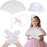 Sucrain 4Pcs Tea Party Supplies Set Include Gloves Tea Party Hats Necklace Fans for Costume (White)
