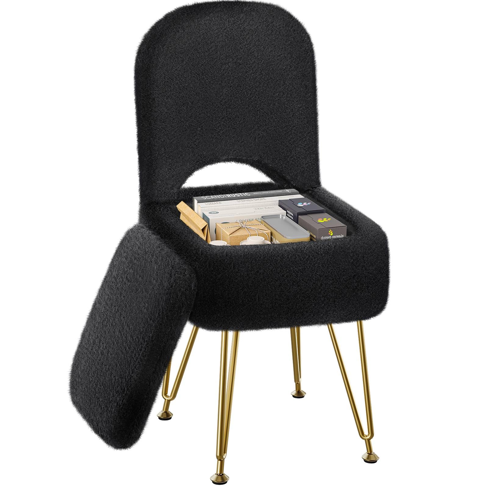 Photo 1 of GREENSTELL Vanity Stool Chair with Storage and Folding Back, 13.4" x 15" x 30" Square Faux Fur Soft Ottoman, 4 Metal Legs with Anti-Slip Feet, Furry Padded Seat for Makeup, Bedroom, Black