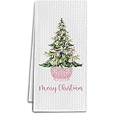 IRTAGANNY Pink Chinoiserie Christmas Tree Kitchen Towels, Preppy Bow Xmas Tree Dish Tea Towels for Kitchen, Grandmillennial Merry Christmas Decorative Hand Towel for Bathroom, 16x24 Inch