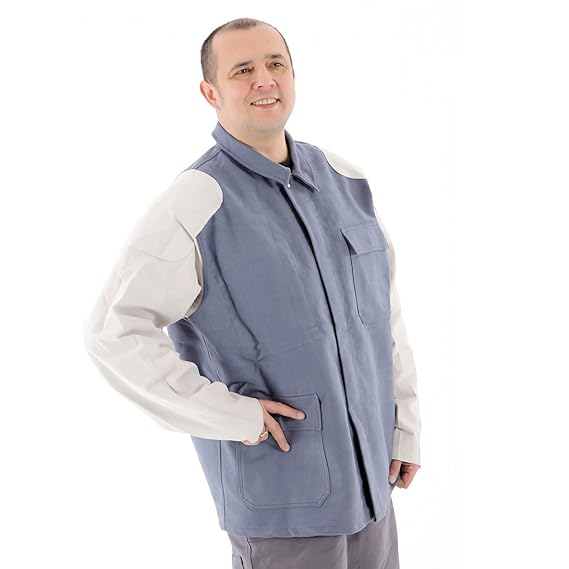 Schweißerjacke Schweißerschutzkleidung Jacke mit Flammentin Ausrüstung Lederbesatz 100% Baumwolle Größenwahl, Größe:46