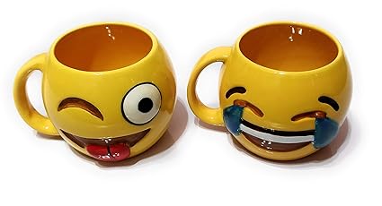Weird Wolf Emoji Series Winky Face and Tears of Joy Ceramic Coffee Mug(Yellow) - Set of 2