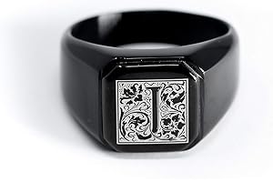Tioneer Jewelry | Stainless Steel Letter Alphabet Initial Ring | Square Flat Top Ring for Men & Women | Stainless Steel Jewelry, (Black, Gold, Silver), Size 7-16