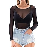 MANGOPOP Women's Mesh Tops Long Sleeve Sheer T Shirts See Through Blouse Bodycon Clubwear