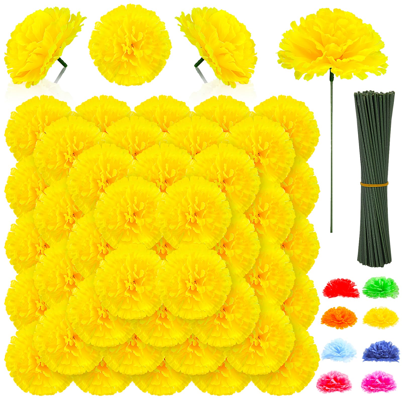 Photo 1 of 108pcs Carnation Head Flowers with Stem, Yellow Artificial Flowers Carnations, 3.5" Silk Carnation Fake Flower for Funeral Arrangements Wedding Bouquets Centerpieces Cemetery Wreaths Grad Party Decor
