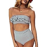 Saodimallsu Women High Waisted 2 Piece Bikini Set Bandeau Ruffle Swimsuit Top Striped Bathing Suits