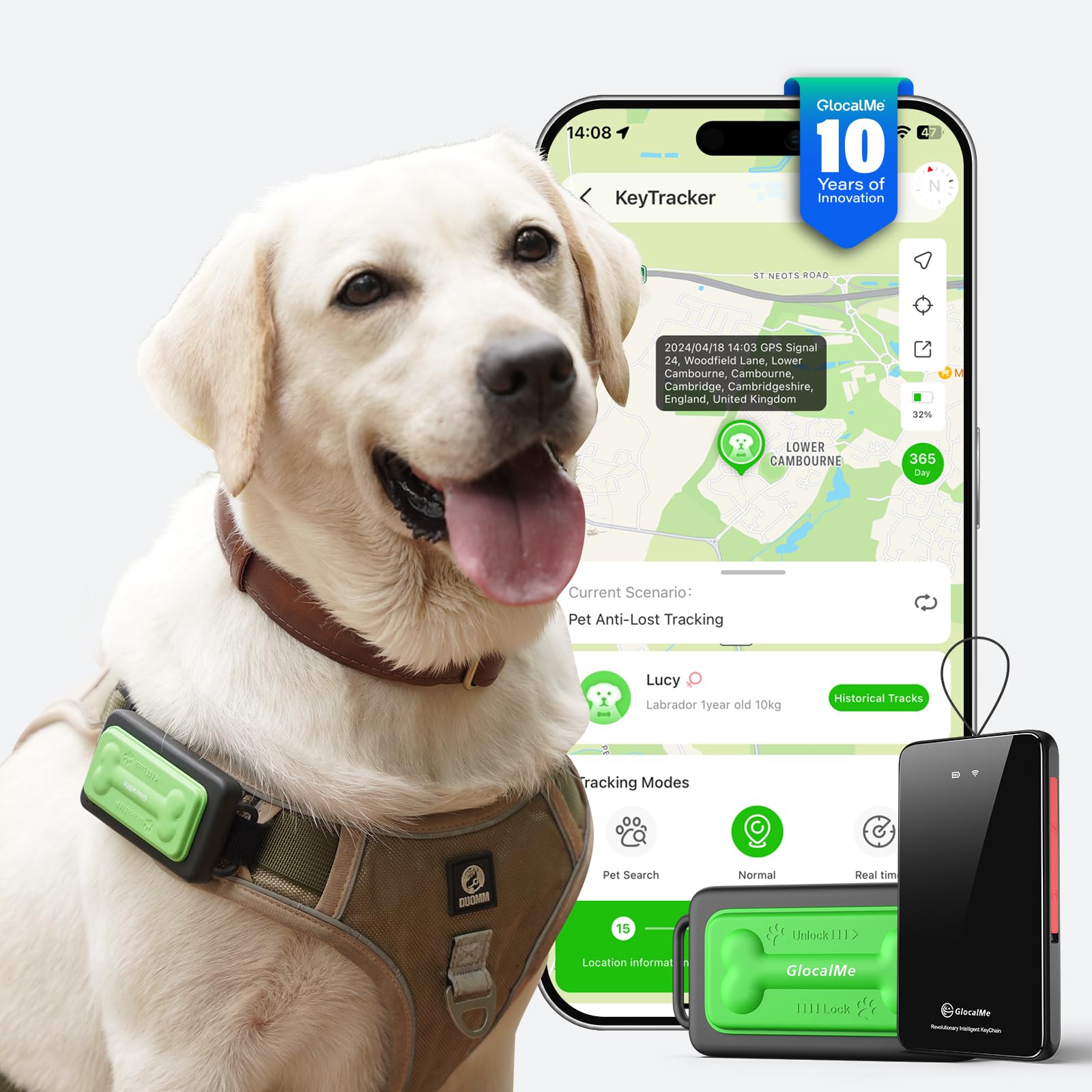 GlocalMe KeyTracker Dog Tracker, Global Unlimited Range GPS Tracker for Dogs, with 6 Location Technologies for Real Time Tracking, with Global Network Service, Waterproof