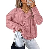 ZESICA Women's Spring Oversized Sweaters 2026 Casual Long Sleeve V Neck Cable Knit Trendy Pullover Tops
