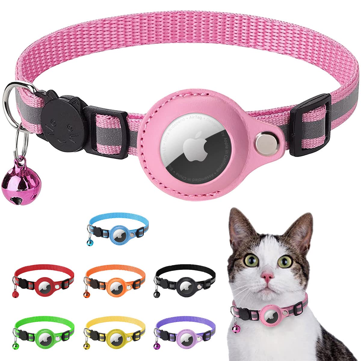 LZXLXS Airtag Cat Collar Reflective Adjustable Cat GPS Tracker Collar with Safety Buckle and Bell, Pink