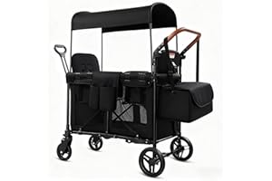 SAFETY CAREYA Wagon Stroller for 2 Kids, Foldable All-Terrain Wagon for Kids with Canopy, Adjustable Push and Pull Handles,Convertible High Seat & Organizer, 5 Point Harness (Black)