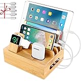 Bamboo Charging Station Dock for Multiple Devices,Desktop Docking Station Organizer For Cellphone,Smart Watch,Tablet(5 Charging Cables Included,No USB Charger)