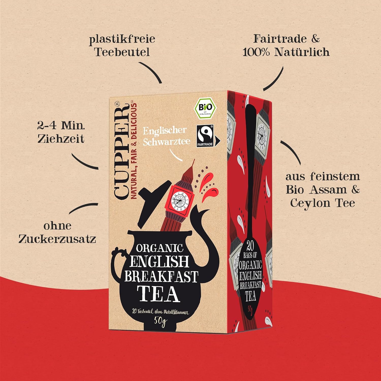 Cupper Bio Schwarztee, Schwarzer Tee, English Breakfast Tea, 20 ungebleichte Teebeutel, fairtrade, umweltfreundlich, fair gehandelt 2