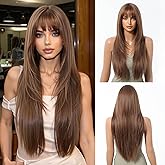 Novastel Glueless Dark Brown Wigs Human Hair with Bangs Long Straight Layered for Women Lightweight Comfortable (Brown,28Inch)