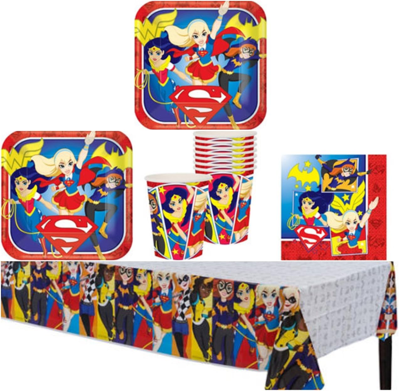 Super Hero Wonder Woman and The DC Girls Birthday Party Supplies Pack for 8 Guests - Lunch Plates, Dessert Plates, Lunch Napkins, Cups, and a Table Cover