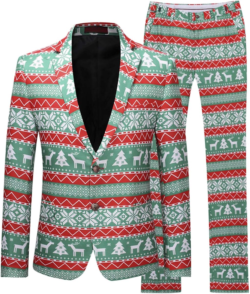 Mens Christmas Suits Two Button Slim Fit 2 Piece Set in Funny Prints