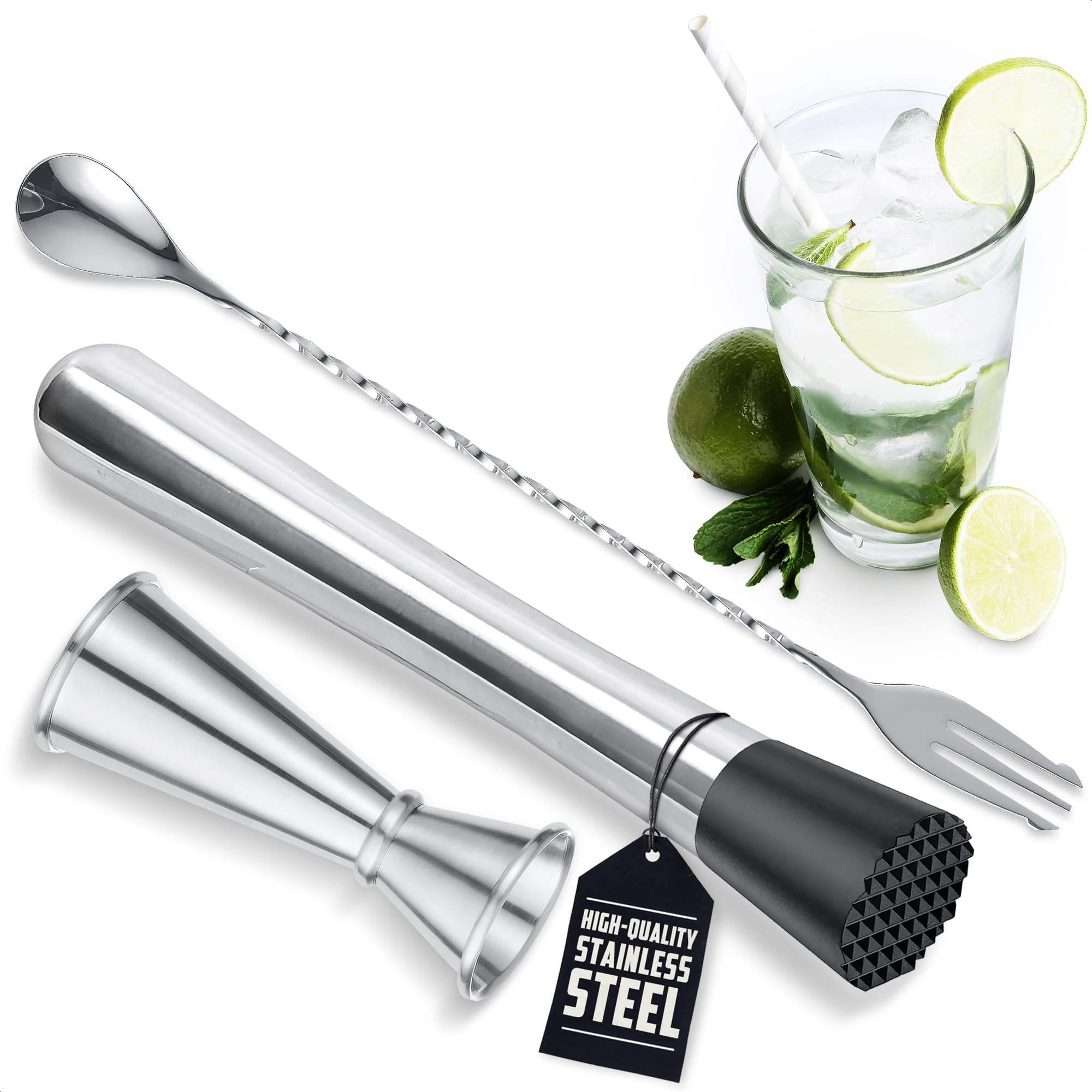 Photo 1 of 3 Pcs Muddler for Cocktails Set - Bar Muddler Tool with Sturdy Head, Versatile Cocktail Spoon & Jigger, Easy to Use & Clean, Stylish Rust-Resistant Stirring Tool - Bar Tools for Drinks Mixing