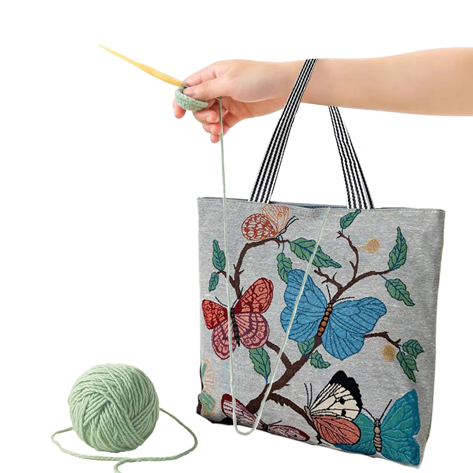 Knitting Tote Bag, Large Knitting Bag Knitting Needle Bag with Zipper Butterfly Pattern Crochet Bag for Yarn Knitting Needles Crochet Hooks (Type C)