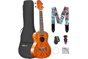 Ulumac Concert Ukulele, KOA Acacia Wood 23 inch Adults kids Professional Ukelele for Beginners, Hawaiian Ukele Kit with Carbon String, Tuner, Gig Bag, Strap, Guitar Picks, Cleaning Cloth, Folk Style
