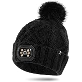 BERGWEISER Women LED Beanie with Light, 3 Modes Headlamp Beanie Hat, Rechargable Removable USB, Pompom Hat Gift