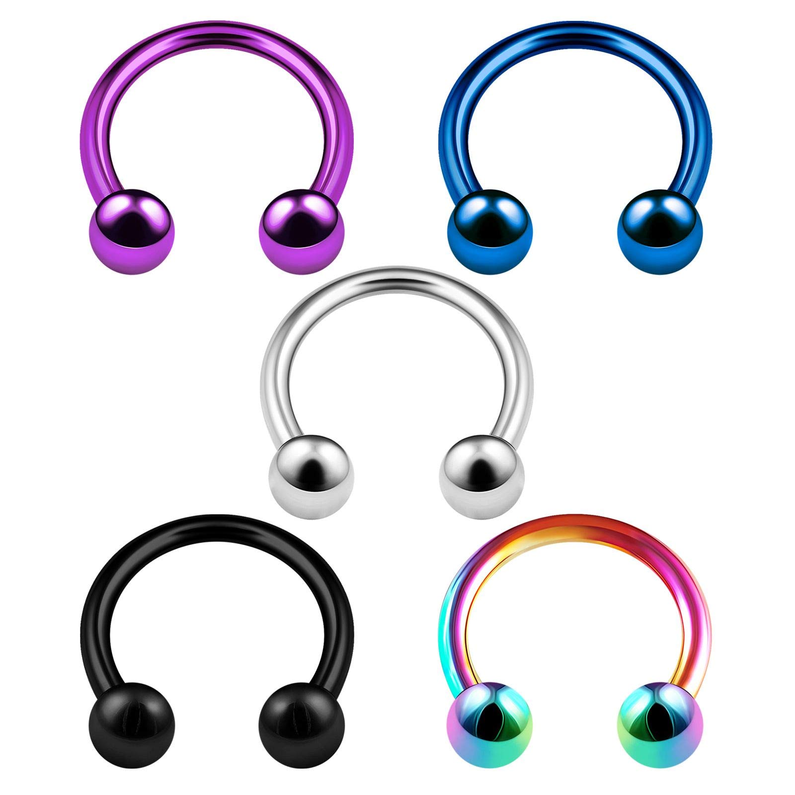 KJM FASHION 5PCS Stainless Steel Horseshoe Hoop 16 Gauge 5/16 8mm 3mm Ball Eyebrow Septum Tragus Earrings Nose Piercing Jewellery 3745