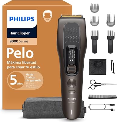 Cortapelos Serie 9000 - Cortapelos para hombre y mujer, cuchillas autoafilables, 28 longitudes en intervalos de 1 mm, Trim and Flow, 180 min de autonomía, kit barbero de 4 piezas, HC9721/15