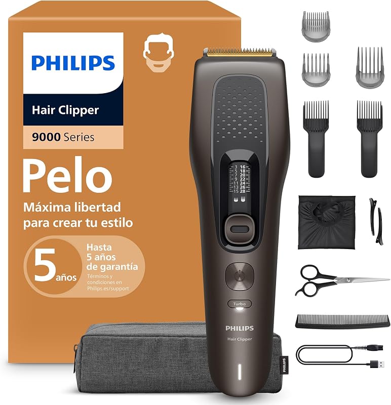 Máquina de cortar cabelo Série 9000 - Máquina de cortar cabelo para homens e mulheres, lâminas auto-afiantes, 28 comprimentos em intervalos de 1 mm, Corte e Fluxo, autonomia de 180 minutos, kit de barbeiro de 4 peças, HC9721/15