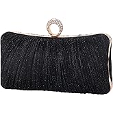 Womens Golden Glitter Clutch Purse Pleated Evening Bag for Bridal Wedding Party with Rhinestone Ring