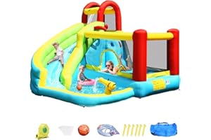 OLAKIDS Inflatable Water Slide, 6 in 1 Bounce House with Slide Climbing Wall Splash Pool Basketball Rim Water Gun, Outdoor Water Park Jumping Castle Inflatable Obstacle Course for Kids Backyard
