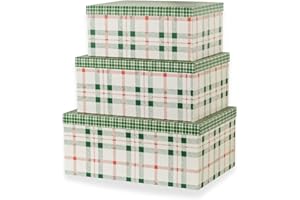 Soul & Lane Plaid Christmas Gift Box - Set of 3: Holiday Decor Storage Box, Decorative Photo Storage, Keepsake Boxes with Lids, Nesting Cardboard Containers for Presents, Seasonal Décor Bins