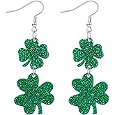 Nanafast St. Patrick's Day Shamrock Earrings for Women Glitter Green Clover Dangle Earrings Saint Patrick’s Day Accessories