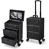 Professional 3 in 1 Rolling Makeup Case Cosmetology Case on Wheels 2 Large Drawer Nail Case Trolley Traveling Cosmetic Train Case with Makeup Pouch for Artists Nail Technician Salon Cart Trunk Black