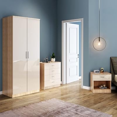 ELEGANT Cream Oak 2 Door Wardrobe Set with 4 Drawers & Nightstand