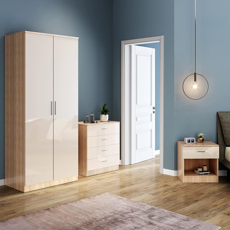 ELEGANT Cream Oak 2 Door Wardrobe Set with 4 Drawers & Nightstand