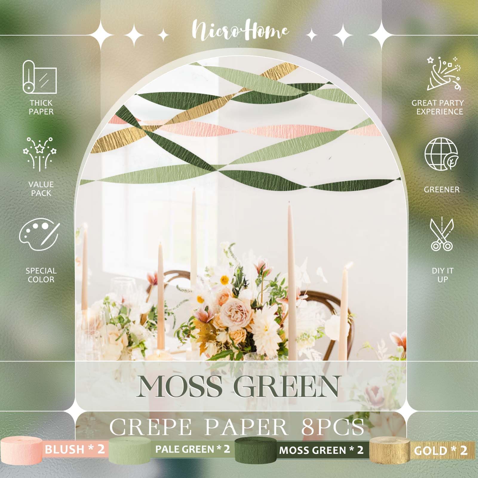 Wedding Party Decorations, 8 Rolls Moss Sage Green Pink Crepe Paper Streamers for Boho Baby Shower, Wedding, Engagement Party, Spring Party, Birthday Party Supplies, 82 ft Long