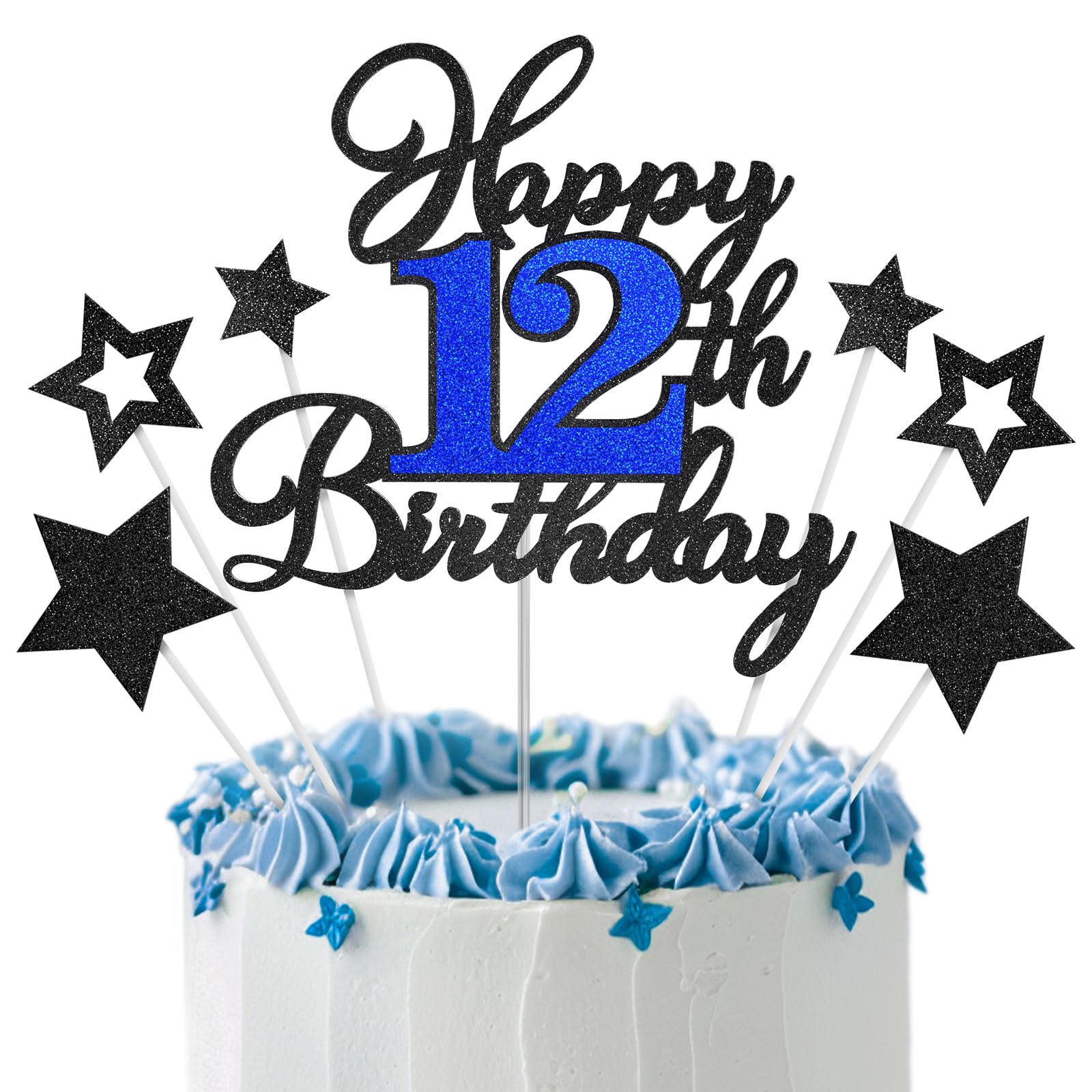 Photo 1 of 12th Birthday Cake Topper, Black Blue Happy 12th Birthday Cake Toppers for Boy Girl, 12 Years Old Birthday Party Supplies, Glitter Cake Decor, 12th Birthday Cake Decorations