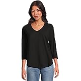 Mod-o-doc Women's 3/4 Sleeve V-Neck Tee with Curved Hem, Black