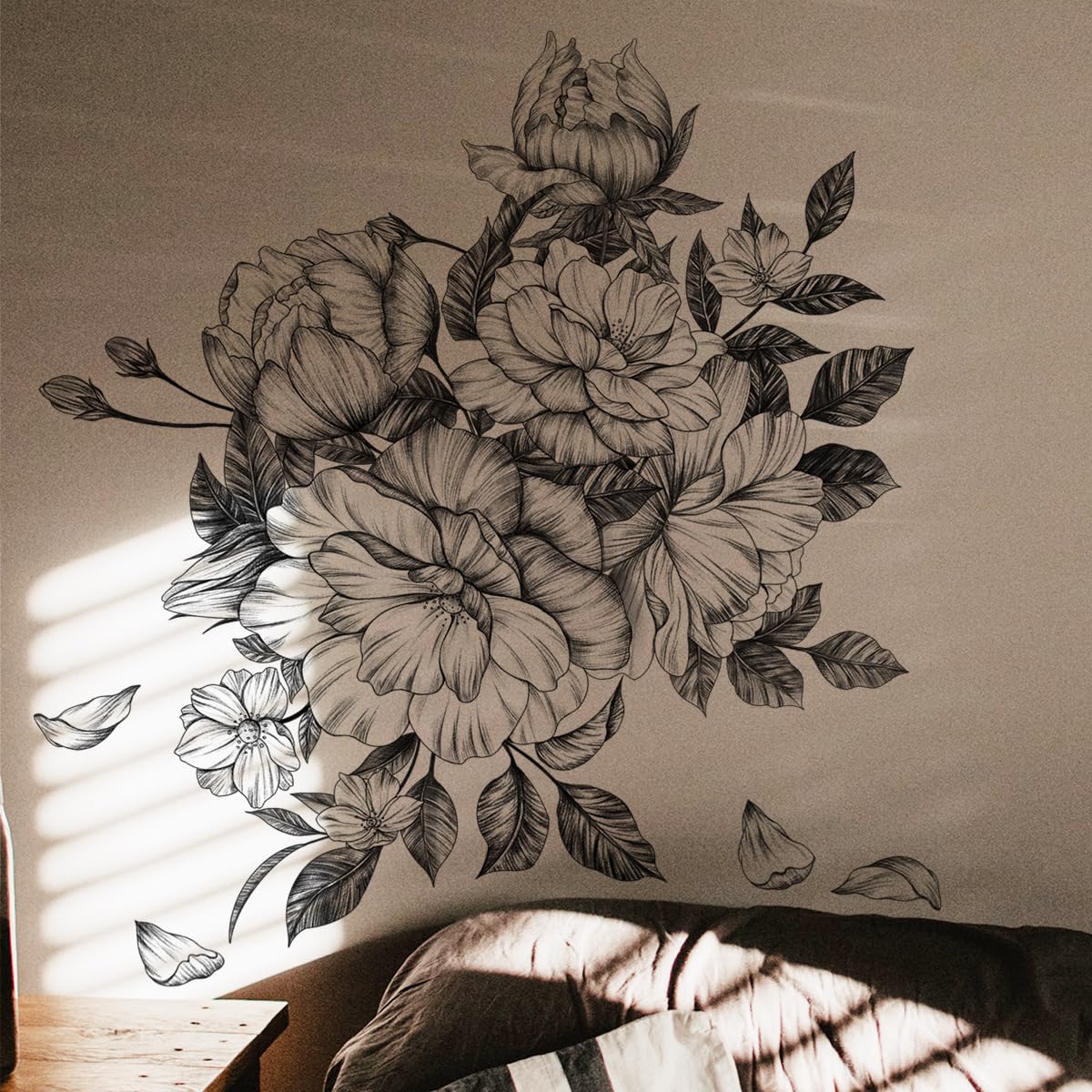 Runtoo Black and White Peony Flower Wall Stickers Living Room Bedroom Office Wall Decor