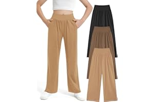 EXARUS 3 Pack Girls Wide Leg Pants Straight/Tapered Flowy Pants Elastic Waist Lounge Sweatpants with Pockets 6-14Y