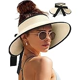 Camptrace Sun Visors for Women Wide Brim Beach Hat Foldable Straw Visor Hat Ponytail Summer Packable UPF 50+