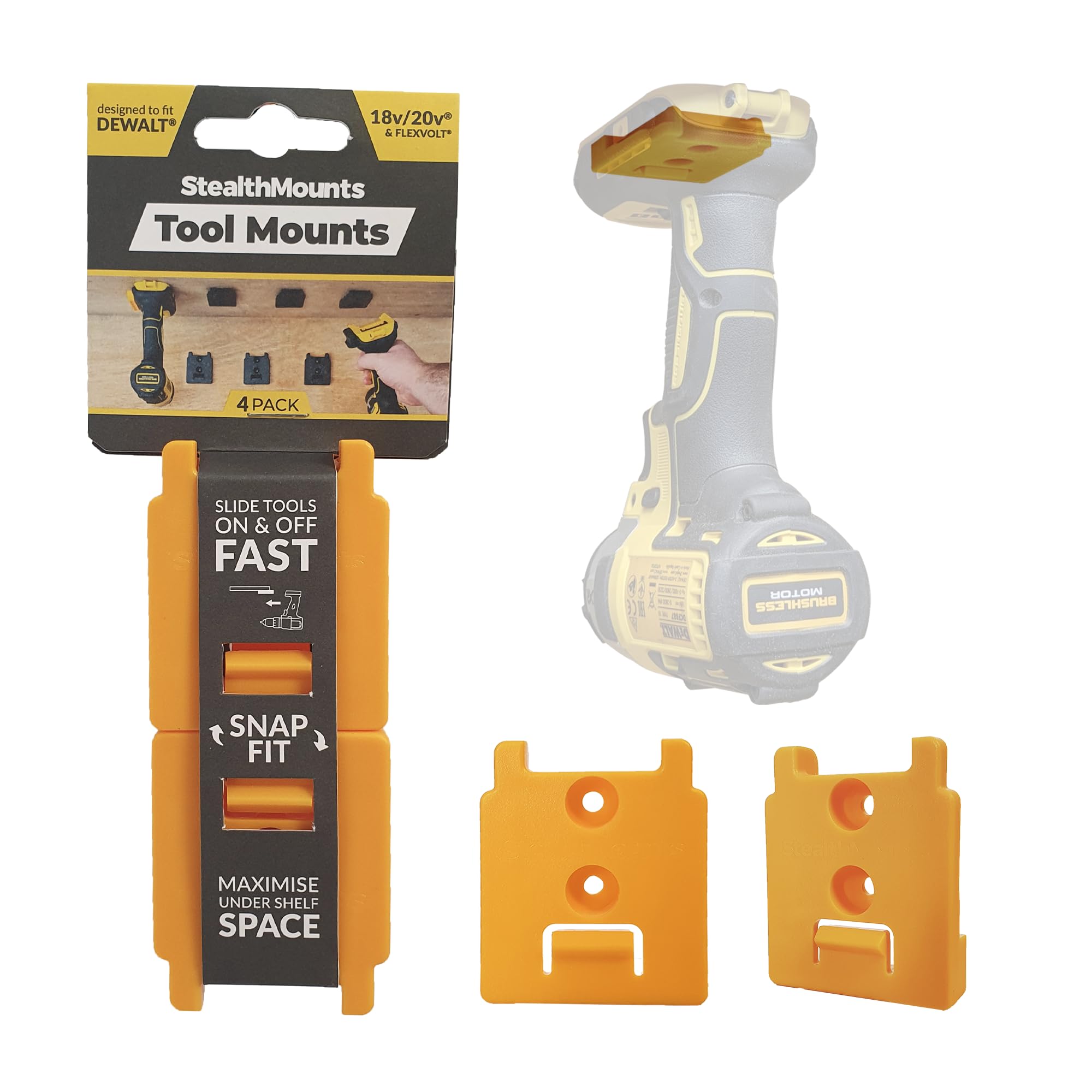 StealthMounts Tool Mounts for Dewalt 18v XR | Cordless Tool Holders for Dewalt 18v XR Tools | 4 Pack | Yellow Dewalt 18v XR Tool Organisers