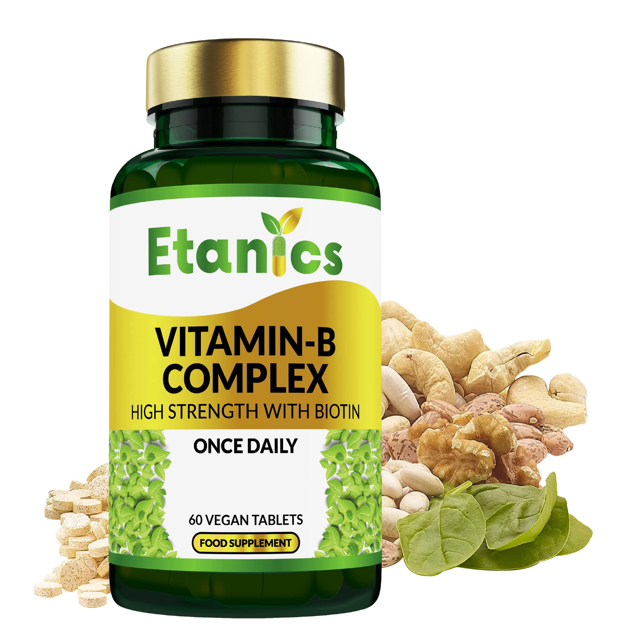 Etanics Vitamin B Complex High Strength - 60 Vegan Tablets – Contains All 8 B Vitamins in 1 Tablet - Vitamins B1, B2, B3, B5, B6, B12, Biotin & Folic Acid Supplement - Etanics – Made in The UK