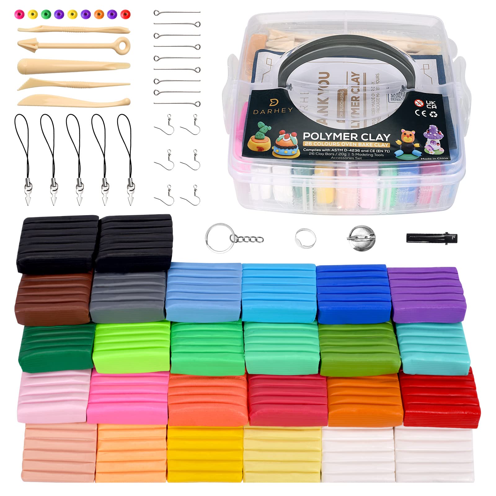 Darhey Polymer Clay Set of 26 Colors Multicolour Nontoxic Soft Modelling Clay for Kids with 5pcs Clay Sculpting Tools, 33 Accessories, User Manual and Storage Box - Premium DIY Gift