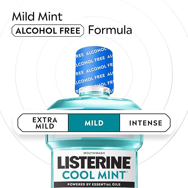 LISTERINE COOL MINT ALCOHOL-FREE MILD MOUTHWASH, ORAL RINSE KILLS 99.9% OF GERMS THAT CAUSE BAD BREATH, LESS INTENSE TASTE, MILD MINT FLAVOR, 1 L