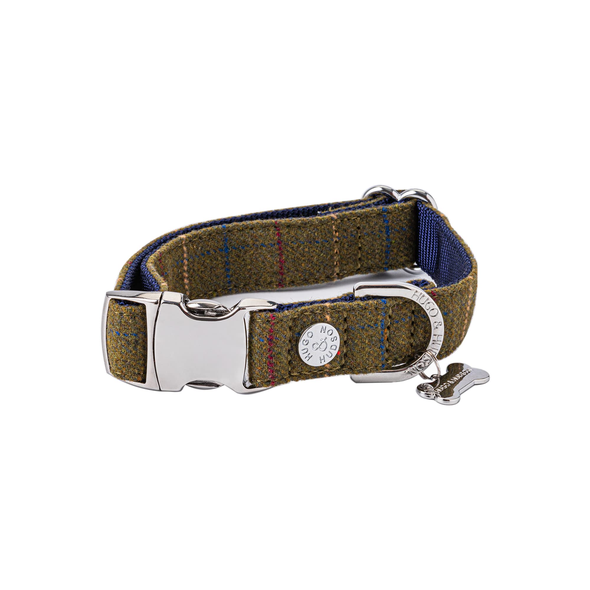 HUGO & HUDSON Tweed Dog Collar, Adjustable Quick Release Safety Metal Buckle, Dark Green Checked XS