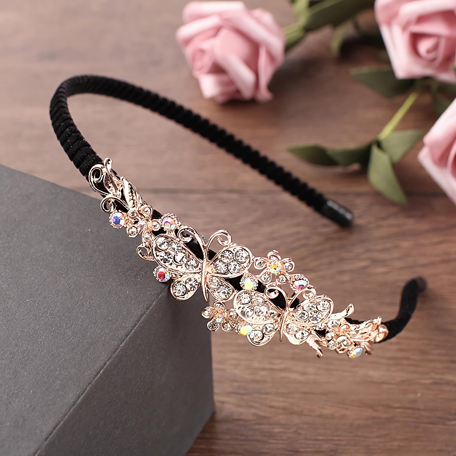 Crystal Heart Flower Hair Hoop Rhinestone Butterfly Headband 1920s French Love Heart Hair Band Vintage Velvet Hair styling Headpiece Accessories for Women(Gold C)