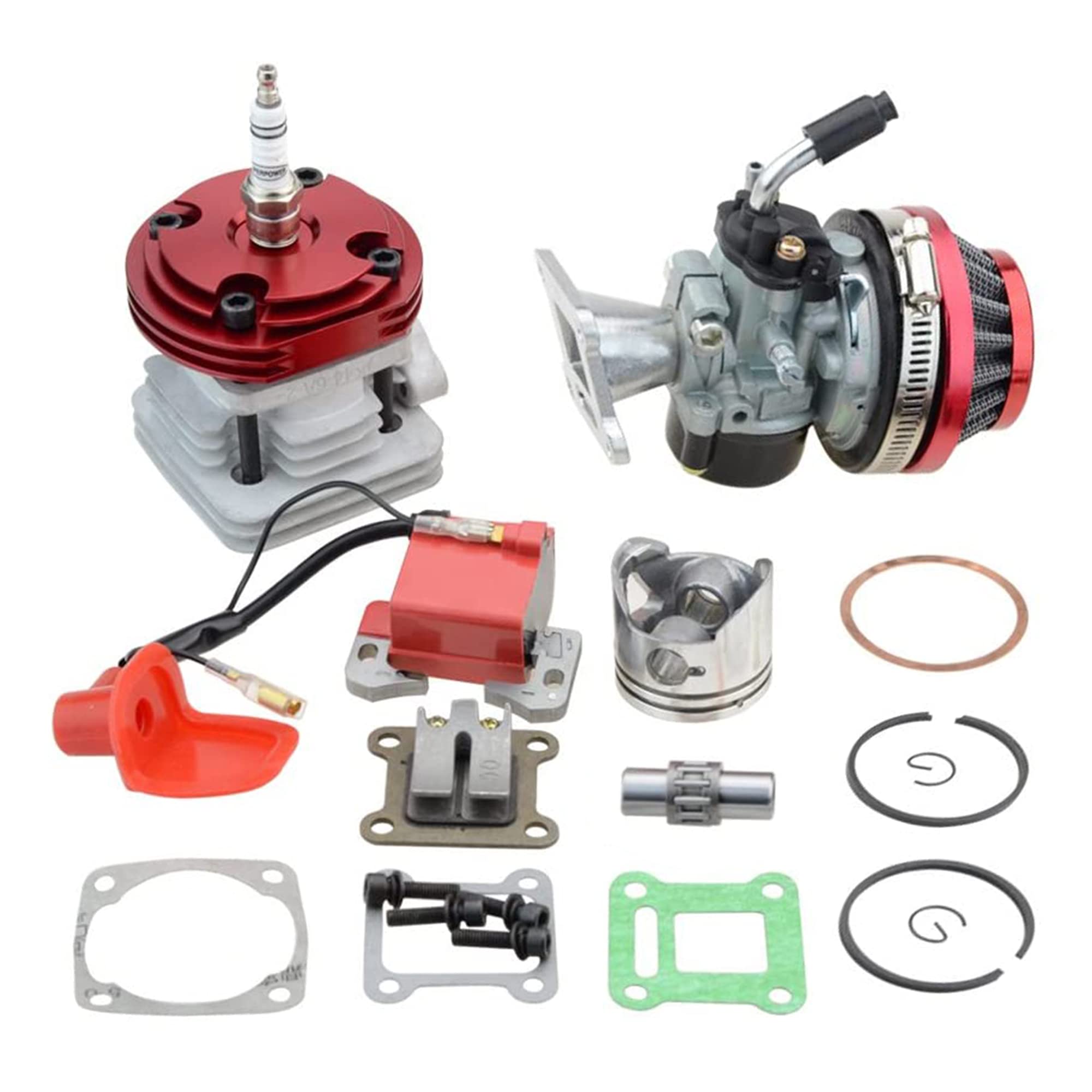 GOOFIT 44mm red Cylinder Carburetor Air Filter ignition coil Set Big Bore Top Kit of Piston Replacement For 47cc 49cc 50cc 53cc 54cc 2 stroke Engine Pocket Bike Atv Quad Motocross